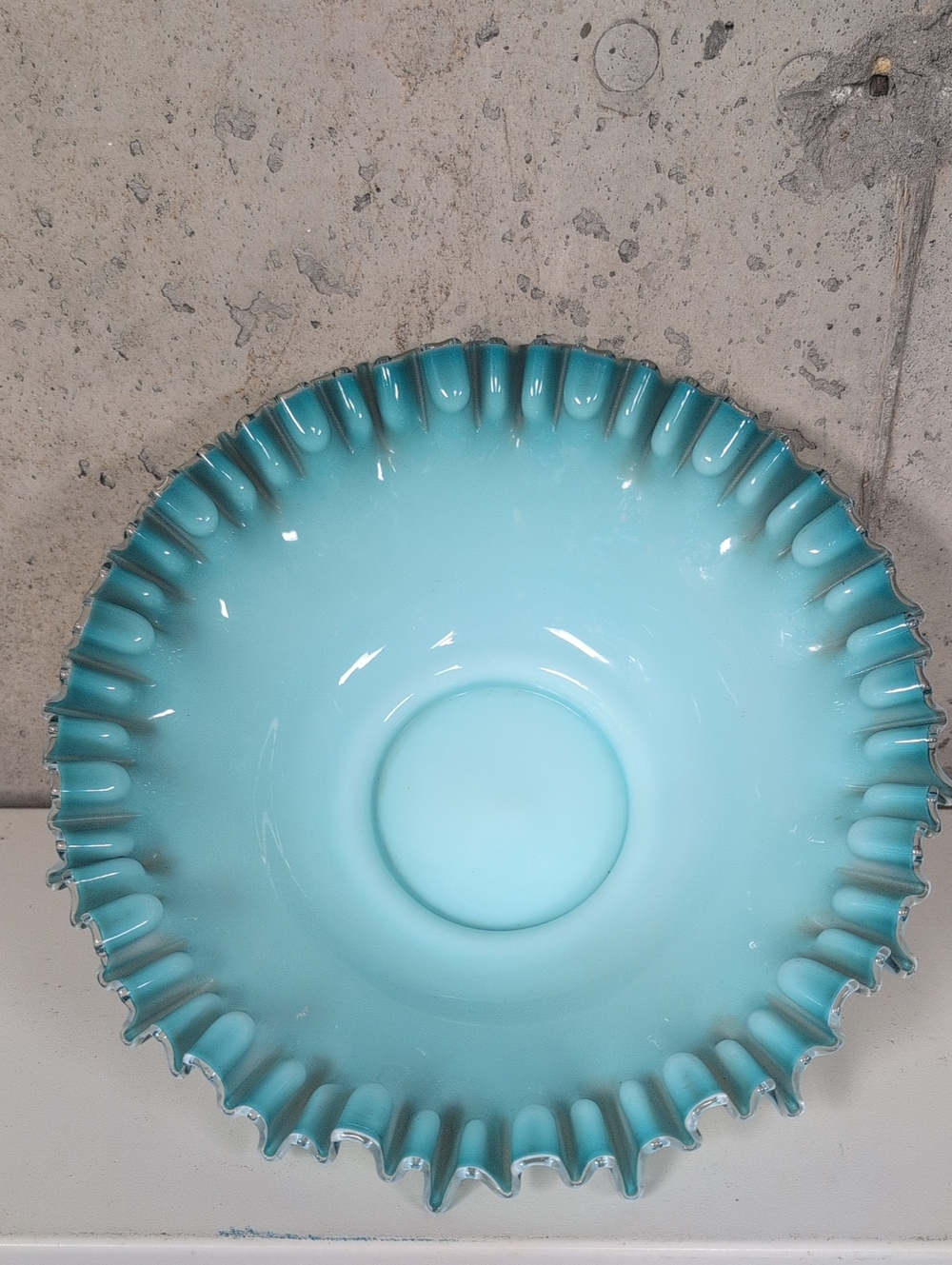 Vintage Fenton Art Glass White Glass Bowl with Blue Ruffled Edge